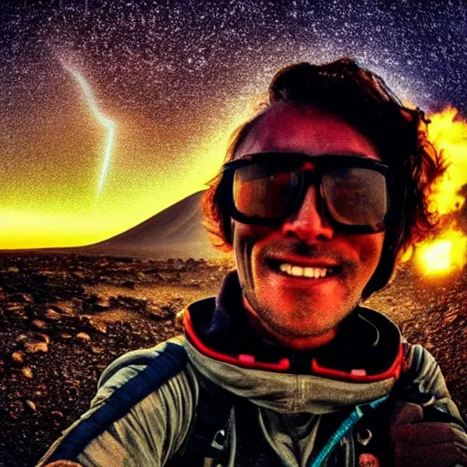 Image similar to the last selfie taken by an alien! in an apocalypse volcano in the background hd cinematic epic 8 k