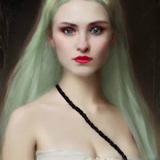 Image similar to a beautiful young woman, pale skin, black long hair, aristocrat, black expensive dress from 1 8 6 0 with green details, oil painting, digital art, studio photo, realistic, artstation, high quality, wild west