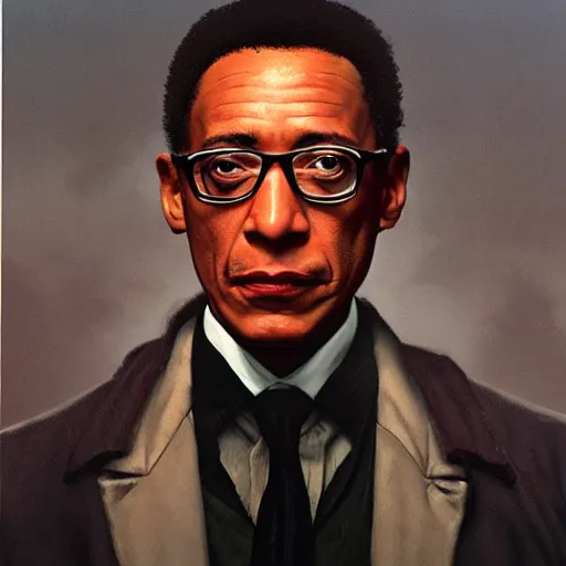 Prompt: Gus fring with half of his face blown up, gerald brom, photorealistic