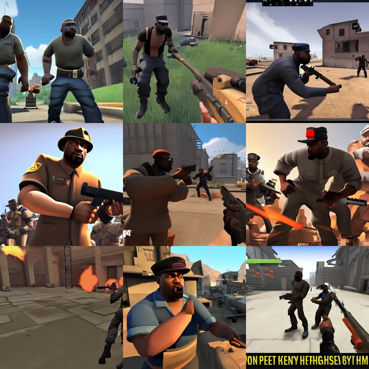 Prompt: screenshot of team fortress 2 gameplay with kanye west, first person, highly detailed, highly intricate, 8 k,