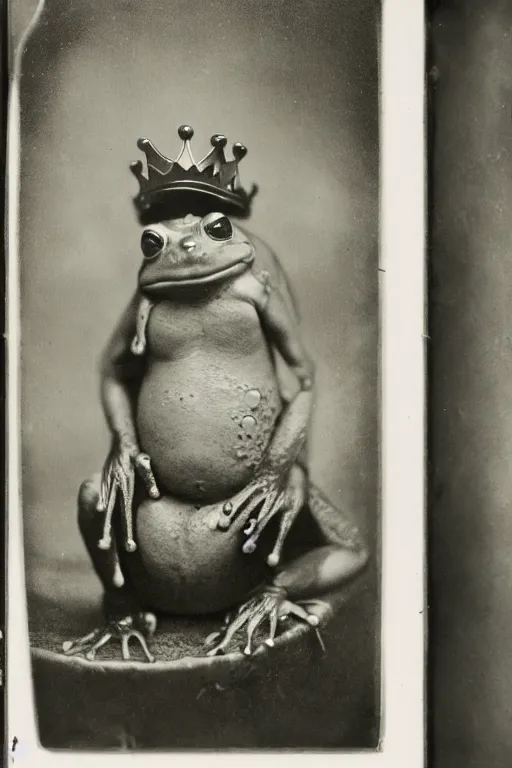 Image similar to a wet plate photo of an anthropomorphic frog king