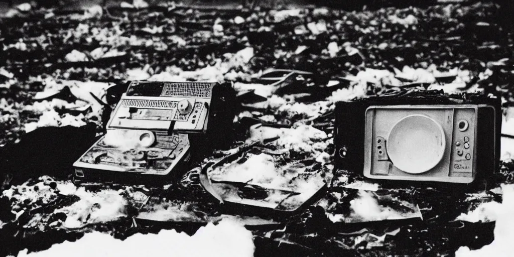 Prompt: a creepy atmospheric night time filmic movie like film 35mm color photograph of a 1982 Portable Cassette Recorder partly melted and burnt with smoke rising behind it, sitting among the rubble of a completely burned down structure in the snow in Antarctica