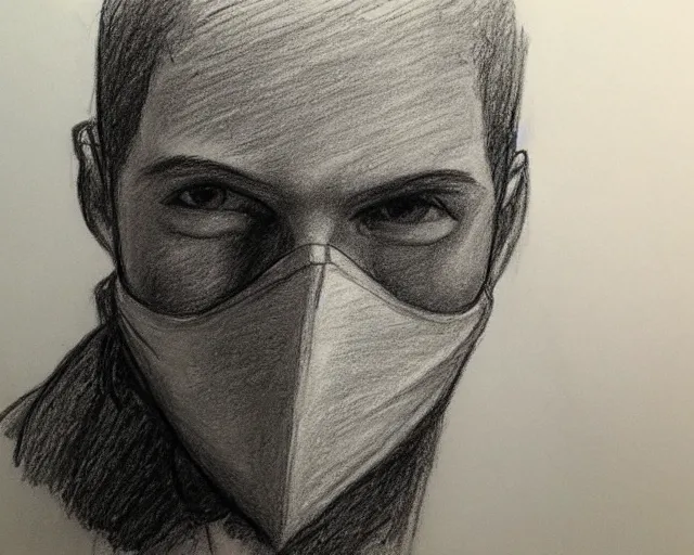 Image similar to draft drawing of a european young man covering face with fabric mask, draft sketch, trending on artstation, context art, pencil sketch, high detail