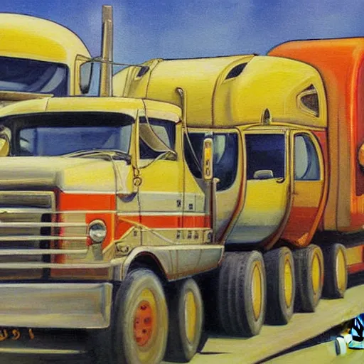 Image similar to an awesome painting with trucks by peter klasen