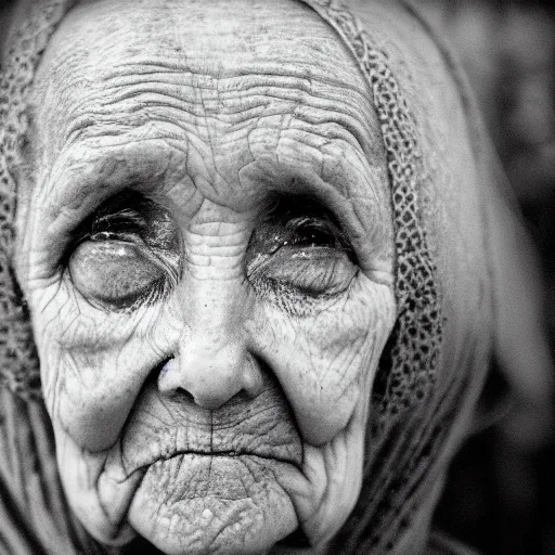 Prompt: a portrait of an old woman with empty eyes, grayscale, grain filter