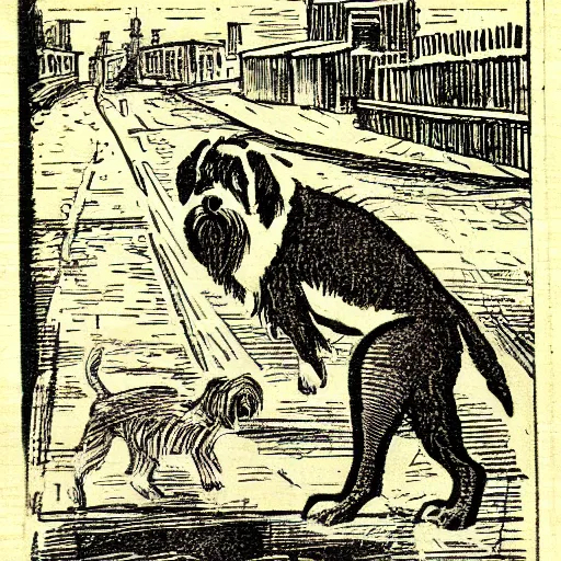 Prompt: maltese terrier in street, 1 8 9 0 woodcut ink illustrated magazine page, old manuscrypt page, old book page, notes, informative text around illustrations, diagrams, intristic detailed