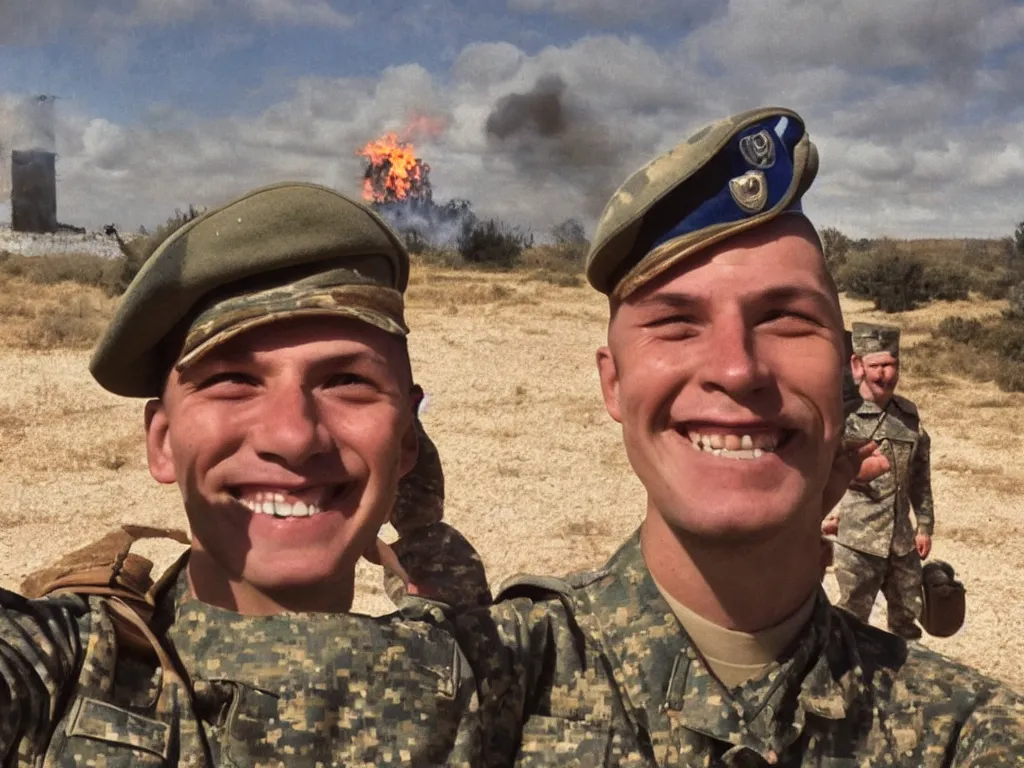 Image similar to a smiling soldier taking a selfie in front of fire, war scenery, surrealism aesthetic