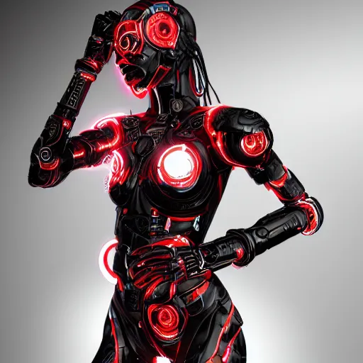 Image similar to cybernetic female warrior with glowing red heaphones and glowing red intricate sigils of death covering her body, intricate detail, finely detailed, small details, extra detail, trending on artstation, high resolution, 3D