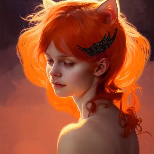 Image similar to Portrait of a girl angel with orange scruffy hair, cat ears, glowing halo, wings, biting her lip, fantasy, intricate, elegant, highly detailed, digital painting, artstation, concept art, smooth, sharp focus, illustration, art by Krenz Cushart and Artem Demura and alphonse mucha