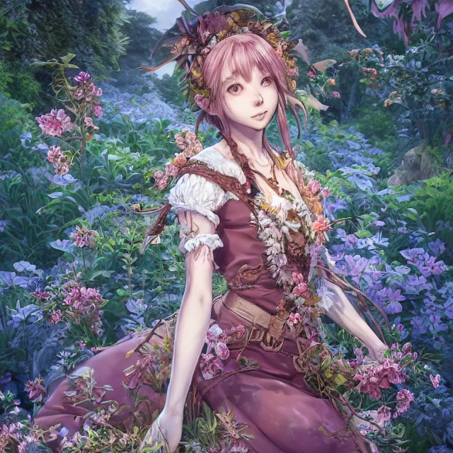 Image similar to the portrait of chaotic good female druid botanist as absurdly beautiful, gorgeous, elegant, young anime girl, an ultrafine hyperdetailed illustration by kim jung gi, irakli nadar, intricate linework, sharp focus, bright colors, octopath traveler, final fantasy, unreal engine 5 highly rendered, global illumination, radiant light, detailed and intricate environment