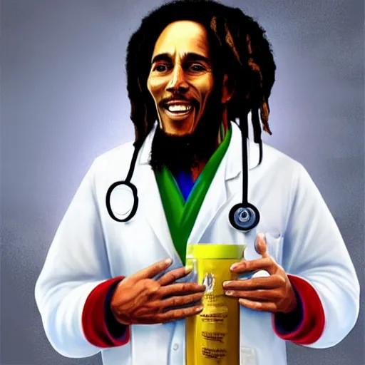 Image similar to bob marley in scrubs as a doctor, trending on artstation