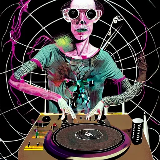 Image similar to graphic illustration, creative design, a witch on the dj decks, biopunk, francis bacon, highly detailed, hunter s thompson, concept art