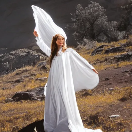 Prompt: photo, a woman wearing a giant wide flowy white sheet with her arms out and a vintage western movie being projected on it, standing inside a dark western rocky scenic landscape, volumetric lighting