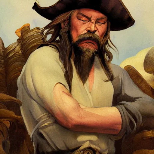 Image similar to N. C. Wyeth painting bearded pirate, painted fantasy character portrait, headshot, fantasy, highly detailed, digital painting, artstation, concept art, sharp focus, illustration, art by the golden age of American illustration archive, N. C. Wyeth, simon bisley and frank frazetta, trending on art station, trendingon cg talk, trending on illustration, trending on painting