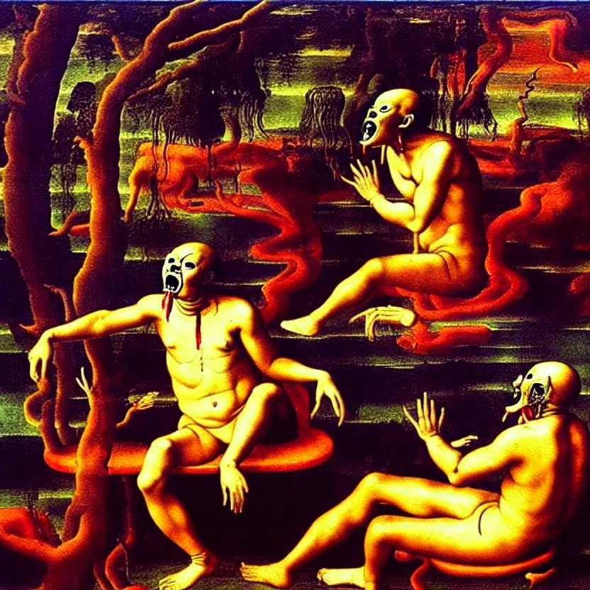 Image similar to a sacred painting of a beautiful flesh - eating timikawa with rainbow fur eating a screaming man, sitting on chair made of human limbs, the chair is floating in a lake of blood, surrounding the lake are melting trees, nightmare scene, supernatural, highly detailed, creepy, terrifying, famous painting by raphael and salvador dali