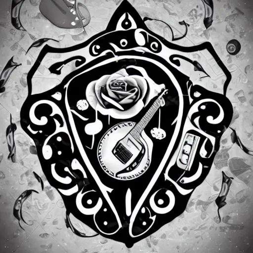 Image similar to Shark and guitar, roses and coins on the background logo, black and white, maori style