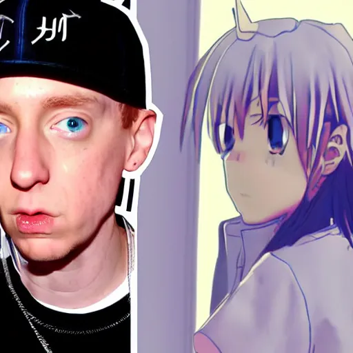 Image similar to award-winning photograph of Eminem cosplaying as an anime girl, highly detailed, ultra realistic, 8k, cinematic