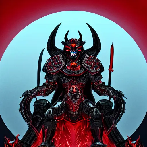 Prompt: a demon in iron armor with diamonds sits on the black throne of death and looks with red eyes into the darkness against the background of a bright red sun