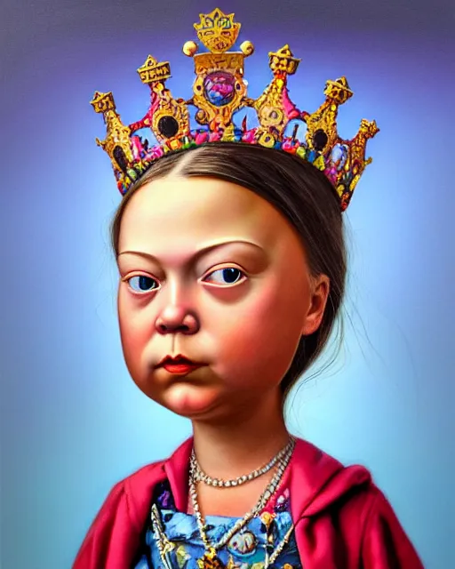 Prompt: closeup profile face portrait of a tin toy greta thunberg as queen victoria wearing a crown and sitting on a throne, bikini, hyper realistic, artstation, illustration, nicoletta ceccoli, mark ryden, lostfish, max fleischer, digital paint, matte paint, vivid colors, bright, cheerful, detailed and intricate environment
