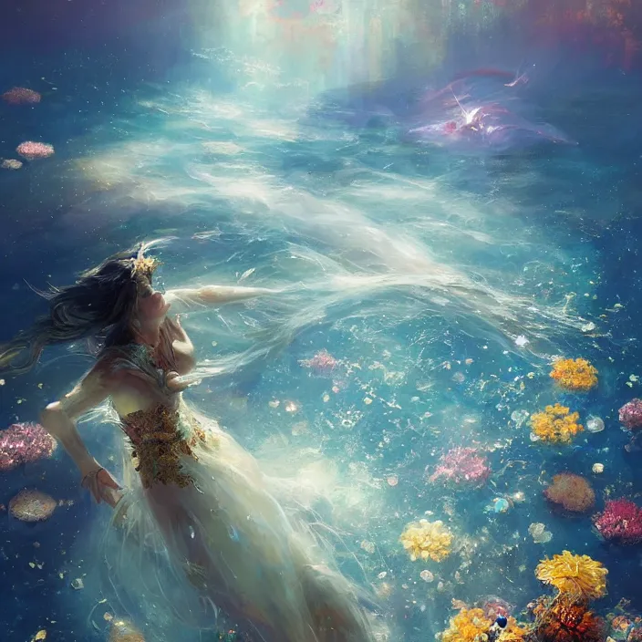 Image similar to glimmering whale, flowing dress, flowers, cosmos, milky way galaxy, golden hour, god rays, coral reef, dreamscape by artgerm and ruan jia and ismail inceoglu and greg olsen, masterpiece, minimalistic, beautiful, intricate, elegant, highly detailed