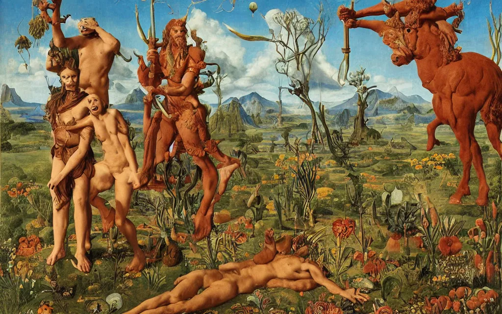 Image similar to a portrait photograph of a meditating satyr and a centaur monk riding a rocket machine and hunting at a river delta. surrounded by bulbous flowers and trees. mountain range under a blue sky of fiery stars. by jan van eyck, max ernst, ernst haeckel, ernst fuchs and artgerm, cgsociety, fashion editorial, 8 k