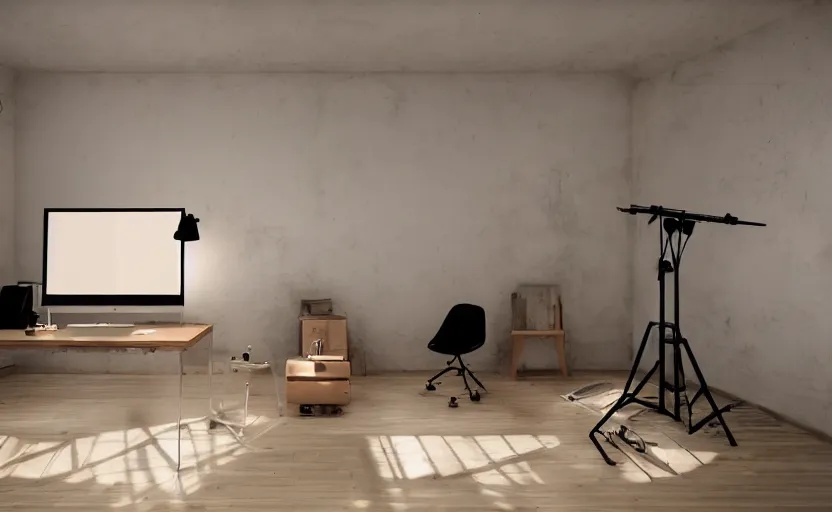 Prompt: beautiful art studio in the style of minimalism, ambient lighting, hd photography
