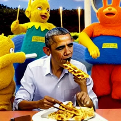 Prompt: Obama eating kebab with teletubbies