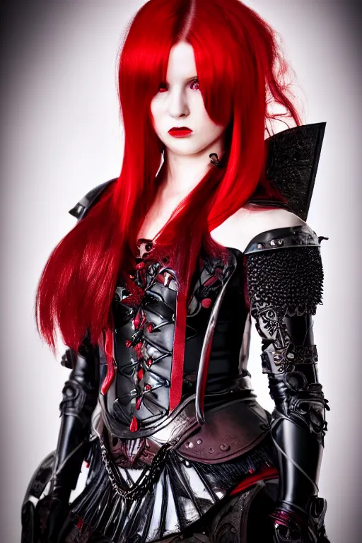 Image similar to very beautiful demonic top model, red hair and skin, wearing gothic victorian armor with blades and swords, luxury materials, symmetrical, cinematic, elegant, professional studio light, real dlsr photography, sharp focus, 4 k, ultra hd, sense of awe, high fashion