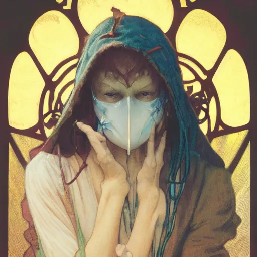 Prompt: Person in tattered yellow wizard robes, wearing a expressionless porcelain mask, Fantasy, 4k, alphonse mucha, Adolfo Hohenstein, Alice Russell Glenny, Stanley Artgerm Lau, greg rutkowski, detailed 4k horror artwork, trending on artstation, smooth, sharp focus