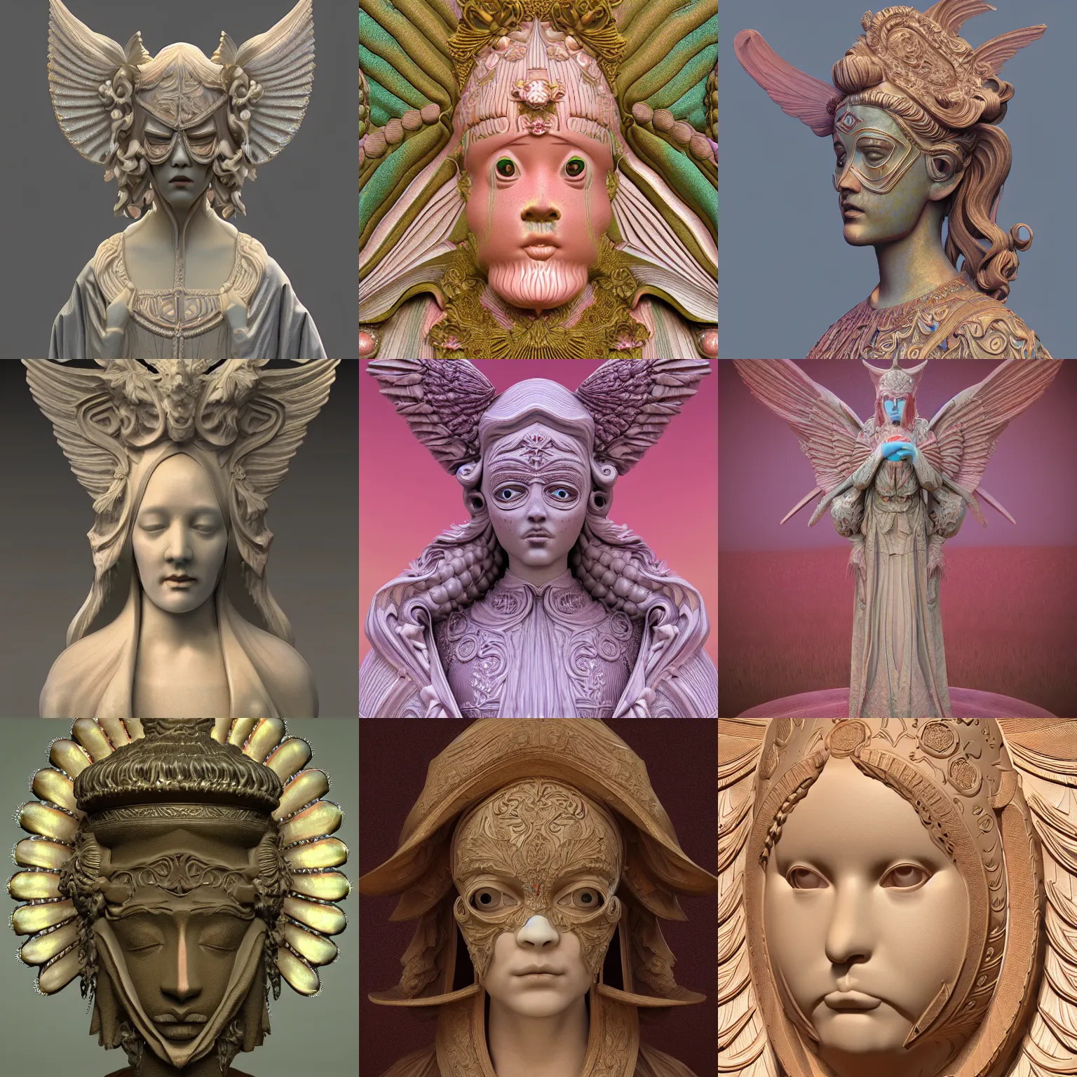 Prompt: Masked anaglyphic ornate Angel in Edwardian robes, sculpture, pastelwave, 3d render, rendered in Arnold, Hyperdetailed, stylized