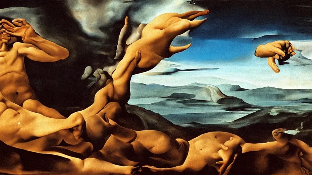 Image similar to the creation of adam by dali