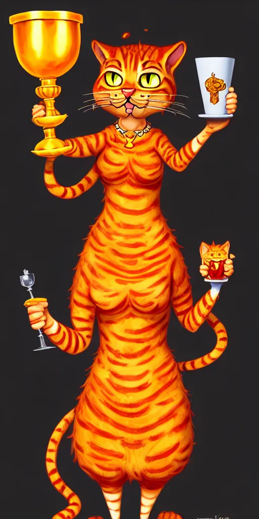 Image similar to fullbody!! personification of garfield the cat garfield goddess holding a blood chalice and lasagna, detailed, stunning, garfield cat face, hyperrealistic, trending on artstation, smooth and sharp, intricate, highly detailed, elegant, professional character concept art by tatyana kupriyanova