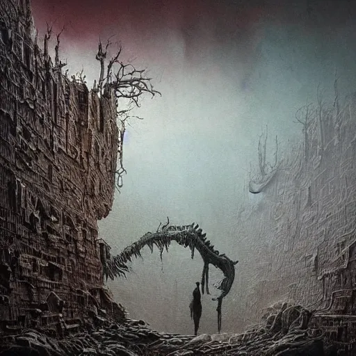 Image similar to an epic horrifying fantastic hyperdetailed 3 d matte painting photo taken with nikon d 7 5 0 an of a decaying eldritch creature partially covered with grafitti art by moebius by zdzisław beksinski by jakub rozalski by nekro