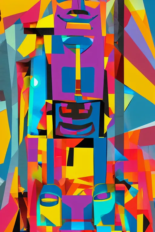 Image similar to cubist moai statue cutout digital illustration cartoon colorful beeple