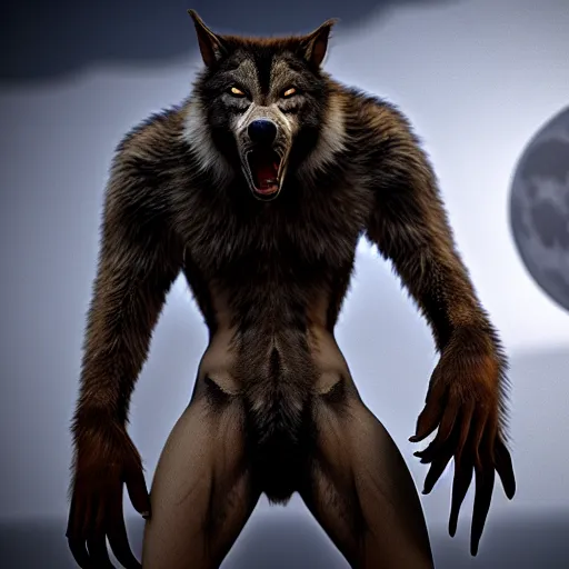 Image similar to young man transforming into a feral werewolf with a tail under the moon with black soft realistic fur, ultra detail, unreal engine, 8 k, ssao