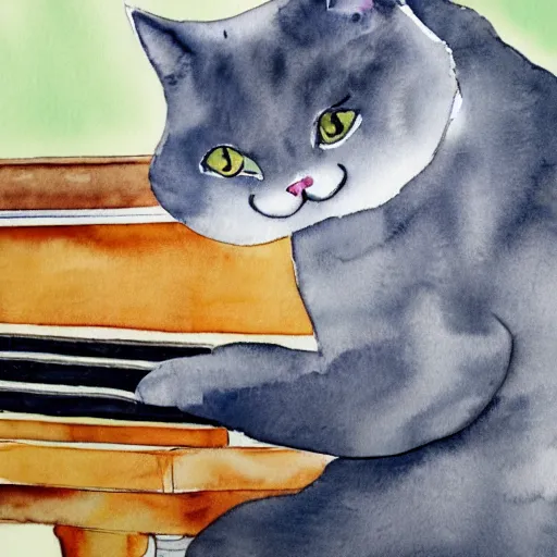 Image similar to grey british shorthair cat sitting playing piano keyboard with abstract musical note background detailed watercolor painting 4 k