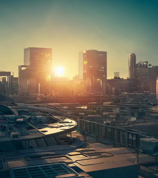 Image similar to sci - fi city rooftop view, blue sky, highly detailed, beautiful light and sunset, photorealistic, octane render