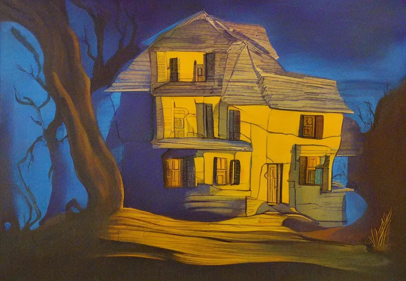 Image similar to a painting of a house in the style of dali backlit nighttime windows filled with water