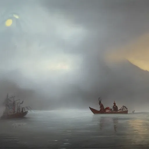 Image similar to painting of viking longboat on a misty river raid