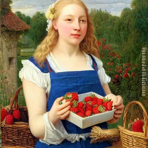 Image similar to A beautiful Blonde Woman with Locks selling strawberries in the style of Sophie Anderson, Portrait