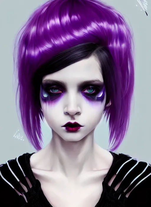 Image similar to portrait of white teenage girl, normal face, black bangs, mall goth, cyberlox, black and white hair, bangs, fluffy bangs, red contacts, purple lipstick, intricate, elegant, highly detailed, digital painting, artstation, concept art, sharp focus, smooth, illustration, art by wlop, mars ravelo and greg rutkowski