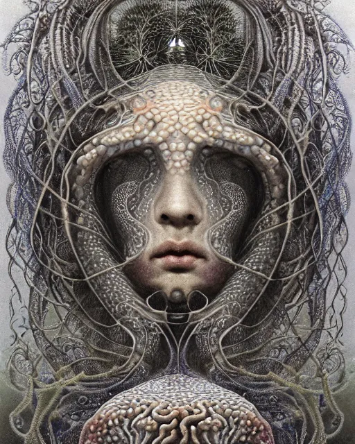 Image similar to realistic detailed underwater face portrait of the beautiful young god of the fish of the fractal waters with an intricate headgear of corals, sea kelp, sea plants, fish, starfish, jellyfish, art by ernst haeckel, zdzisław beksinski, hieronymus bosch, gothic, neo - gothic, ornamental, beautiful deep colours,