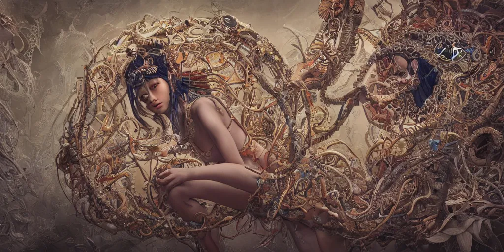 Image similar to hyperrealistic photography of a highly detailed and symmetrical gorgeous nepalese female demigorgon deconstructing a poetry machine in the style of Jin Kagetsu, James Jean and wlop, highly detailed, face symmetry, masterpiece, award-winning, sharp focus, intricate concept art, ambient lighting, 8k, artstation