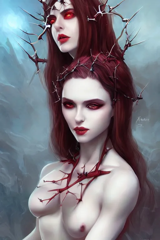 Image similar to Portrait of beautiful pale succubus maiden with crown of thorns, and devil's horns, digital art by Artgerm, highly detailed, trending on artstation, award winning,