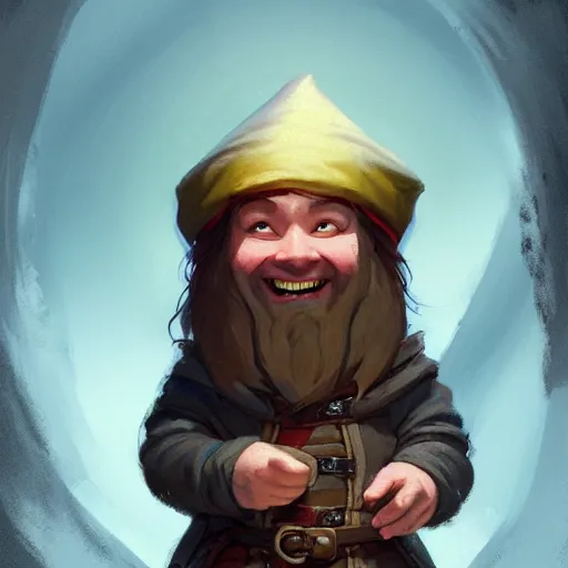Prompt: Portrait of a young happy gnome with long hair called Eldon, without a beard, who is a very young wizard that studied at the School of Abjuration, DnD, art by argerm and greg rutkowski, trending on artstation.