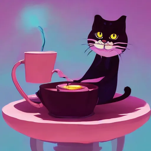 Image similar to cheshire cat drinking tea, in the style of atey ghailan and james gilleard, exquisite lighting, art, very coherent, trending on artstation