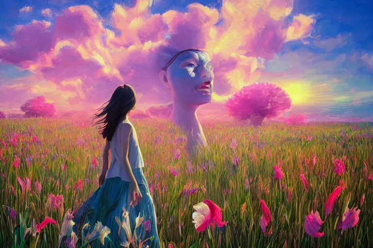 Image similar to giant gladiola head, girl walking in field of flowers, surreal photography, sunrise, blue sky, dramatic light, impressionist painting, digital painting, artstation, simon stalenhag