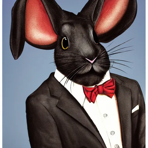 Image similar to A extremely highly detailed majestic hi-res beautiful, highly detailed head and shoulders portrait of a scary terrifying, horrifying, creepy black cartoon rabbit with a bowtie and scary big eyes, earing a shirt laughing, hey buddy, let's be friends, in the style of Walt Disney