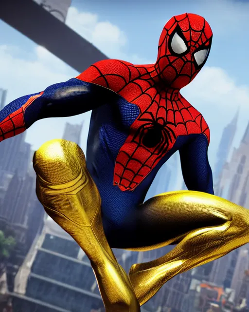 Image similar to photorealistic, hyperdetailed photograph of black spider - man suit with gold webbing by insomniac games