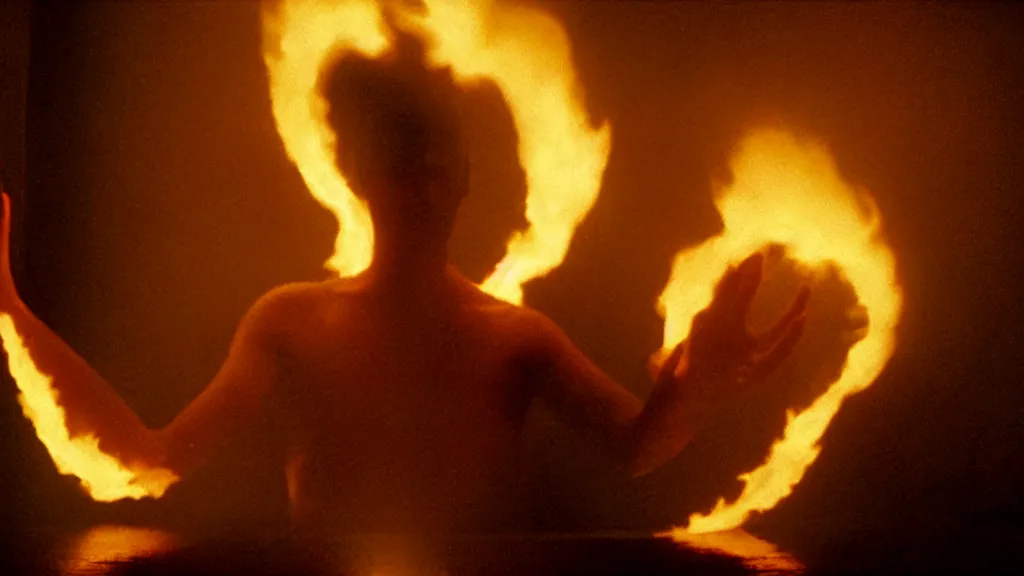 Image similar to the strange creature in the closet, made of fire and wax, film still from the movie directed by Denis Villeneuve with art direction by Salvador Dalí, wide lens